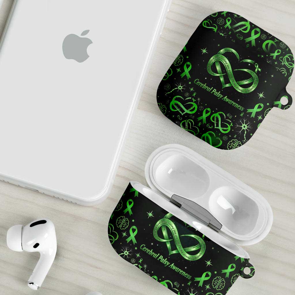 Cerebral Palsy Awareness Infinity Heart AirPods Case Neon Green Ribbon Pattern Illustration