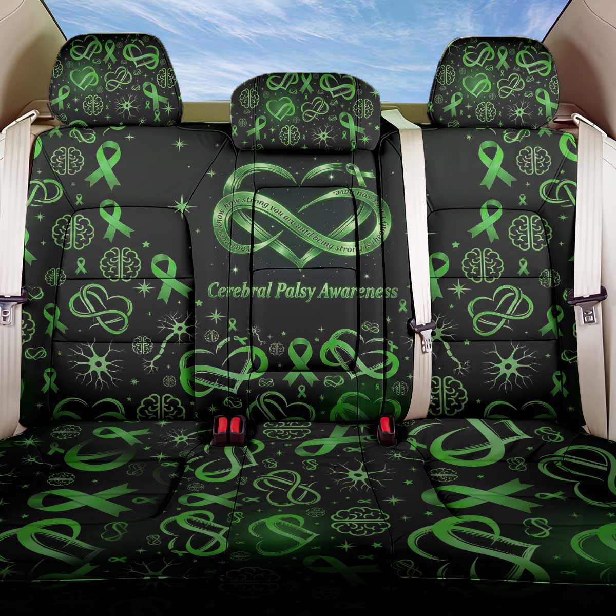 Cerebral Palsy Awareness Infinity Heart Back Car Seat Cover Neon Green Ribbon Pattern Illustration