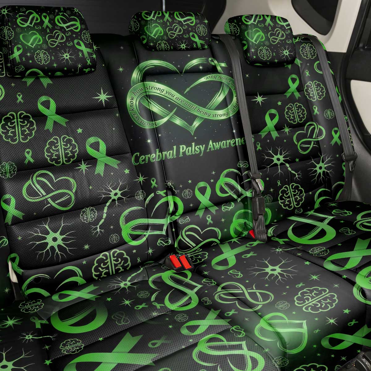 Cerebral Palsy Awareness Infinity Heart Back Car Seat Cover Neon Green Ribbon Pattern Illustration