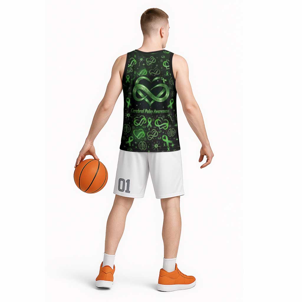 Cerebral Palsy Awareness Infinity Heart Basketball Jersey Neon Green Ribbon Pattern Illustration