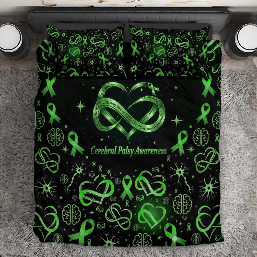 Cerebral Palsy Awareness Infinity Heart Bedding Set Neon Green Ribbon Pattern Illustration