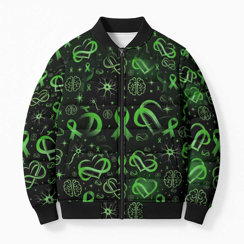 Cerebral Palsy Awareness Infinity Heart Bomber Puffer Jacket Neon Green Ribbon Pattern Illustration