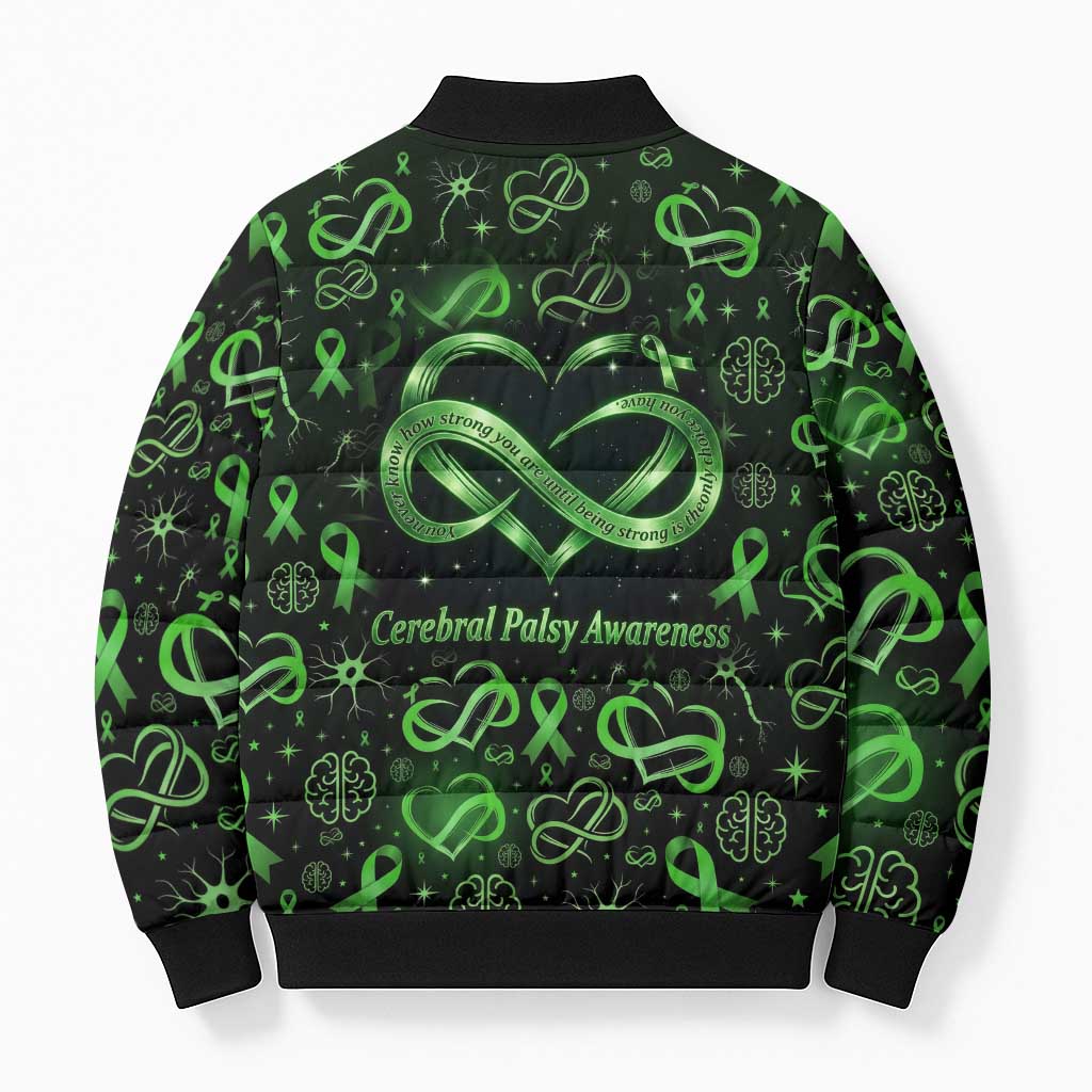 Cerebral Palsy Awareness Infinity Heart Bomber Puffer Jacket Neon Green Ribbon Pattern Illustration