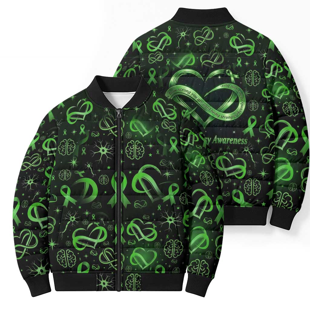 Cerebral Palsy Awareness Infinity Heart Bomber Puffer Jacket Neon Green Ribbon Pattern Illustration