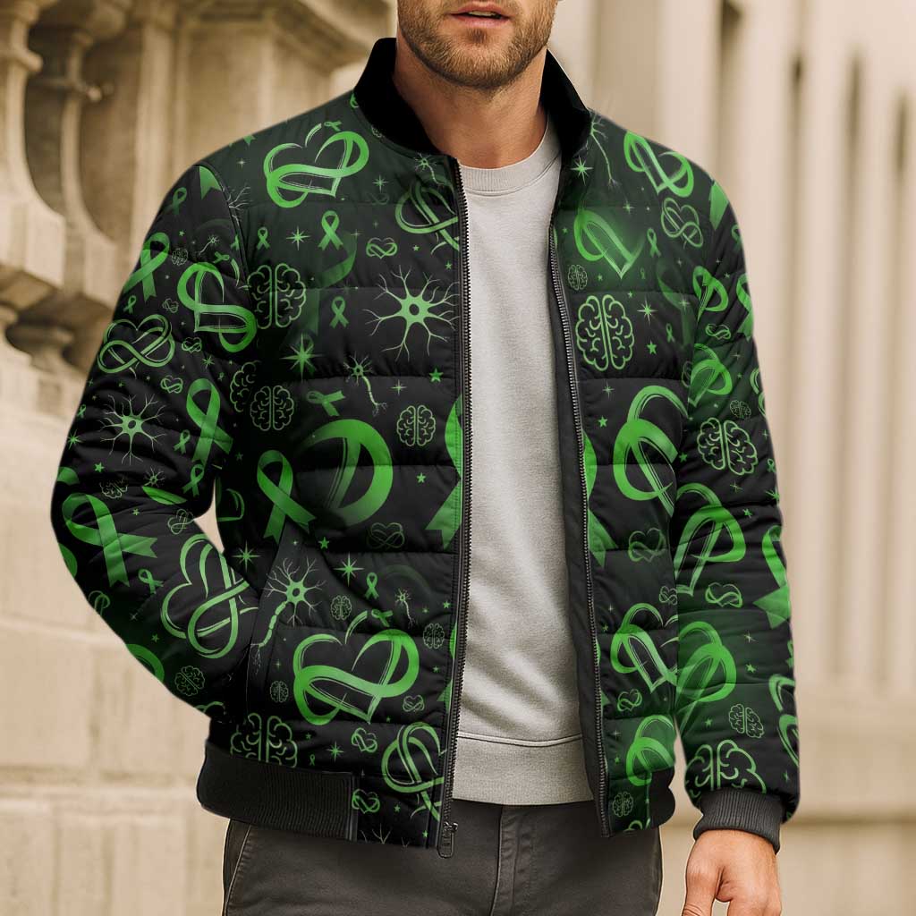 Cerebral Palsy Awareness Infinity Heart Bomber Puffer Jacket Neon Green Ribbon Pattern Illustration