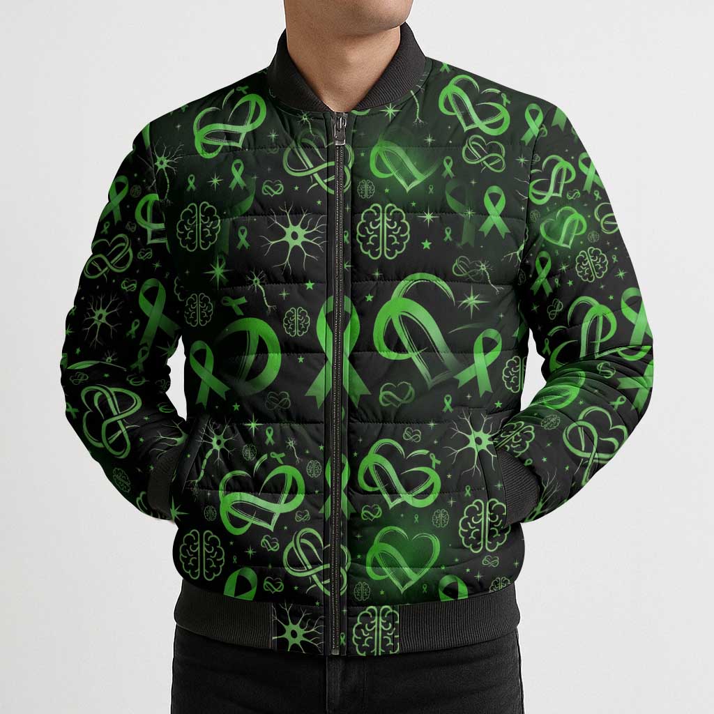 Cerebral Palsy Awareness Infinity Heart Bomber Puffer Jacket Neon Green Ribbon Pattern Illustration