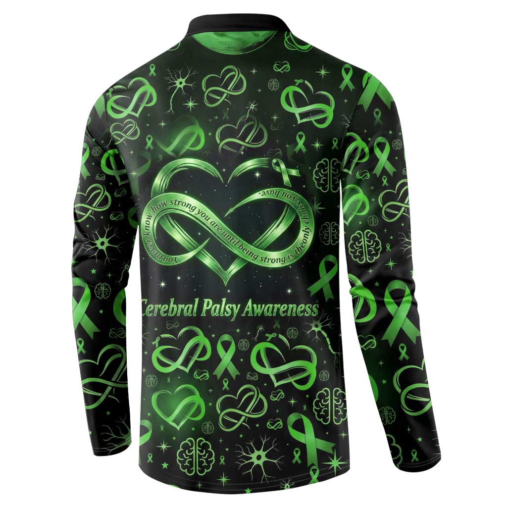 Cerebral Palsy Awareness Infinity Heart Button Sweatshirt Neon Green Ribbon Pattern Illustration