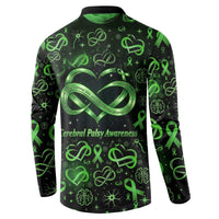Cerebral Palsy Awareness Infinity Heart Button Sweatshirt Neon Green Ribbon Pattern Illustration