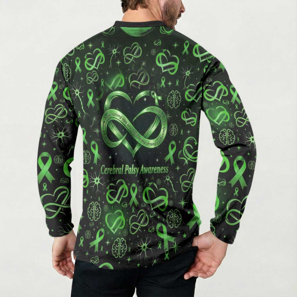 Cerebral Palsy Awareness Infinity Heart Button Sweatshirt Neon Green Ribbon Pattern Illustration