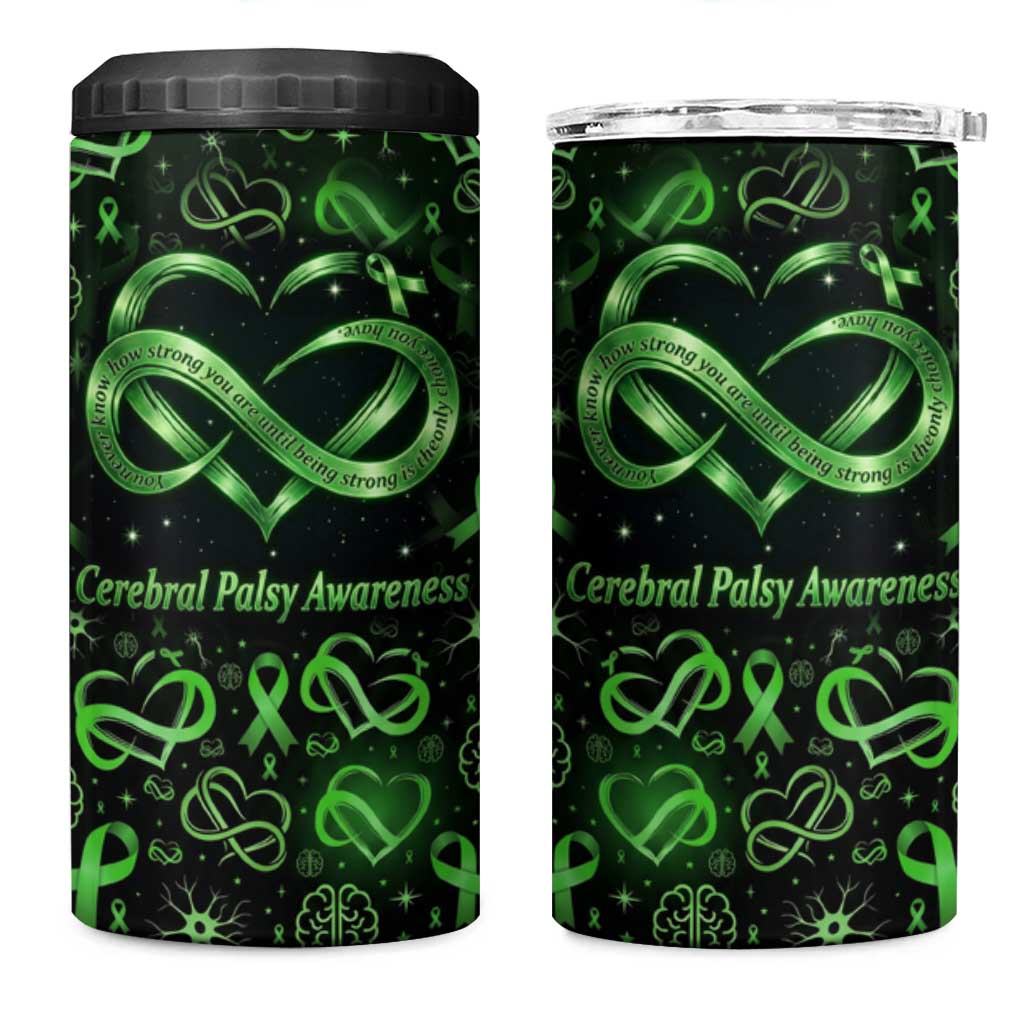 Cerebral Palsy Awareness Infinity Heart 4 in 1 Can Cooler Tumbler Neon Green Ribbon Pattern Illustration