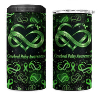 Cerebral Palsy Awareness Infinity Heart 4 in 1 Can Cooler Tumbler Neon Green Ribbon Pattern Illustration