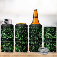Cerebral Palsy Awareness Infinity Heart 4 in 1 Can Cooler Tumbler Neon Green Ribbon Pattern Illustration