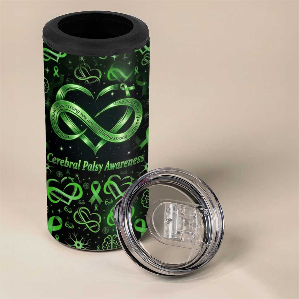 Cerebral Palsy Awareness Infinity Heart 4 in 1 Can Cooler Tumbler Neon Green Ribbon Pattern Illustration