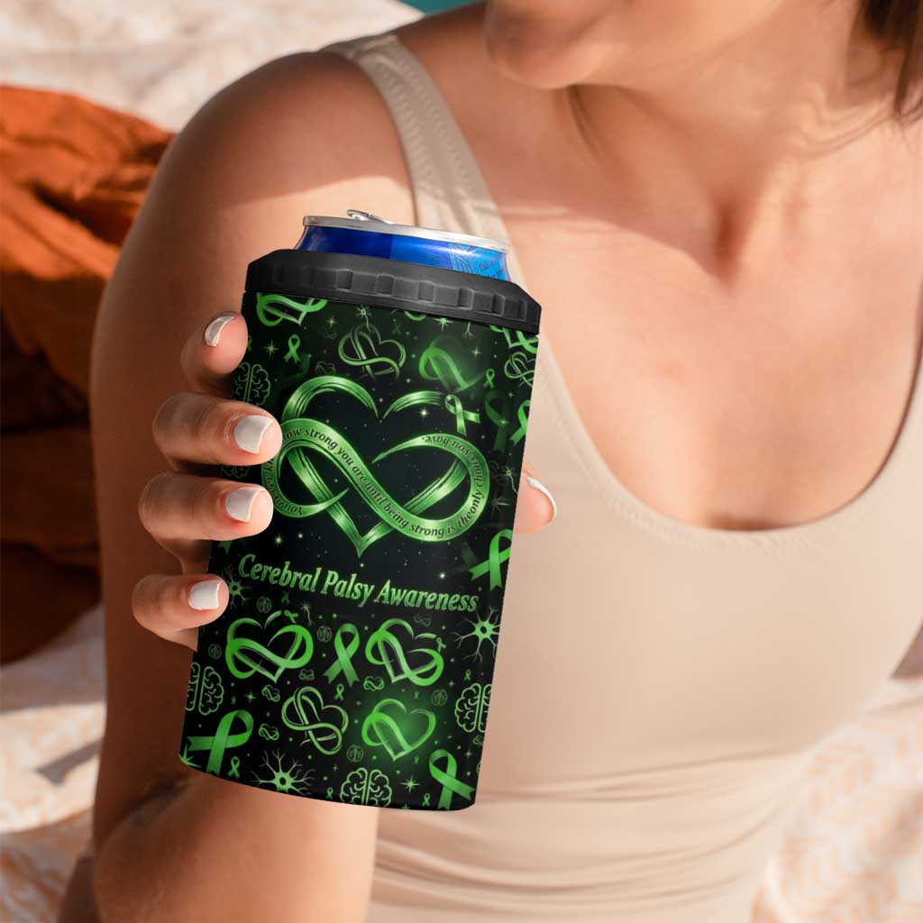 Cerebral Palsy Awareness Infinity Heart 4 in 1 Can Cooler Tumbler Neon Green Ribbon Pattern Illustration