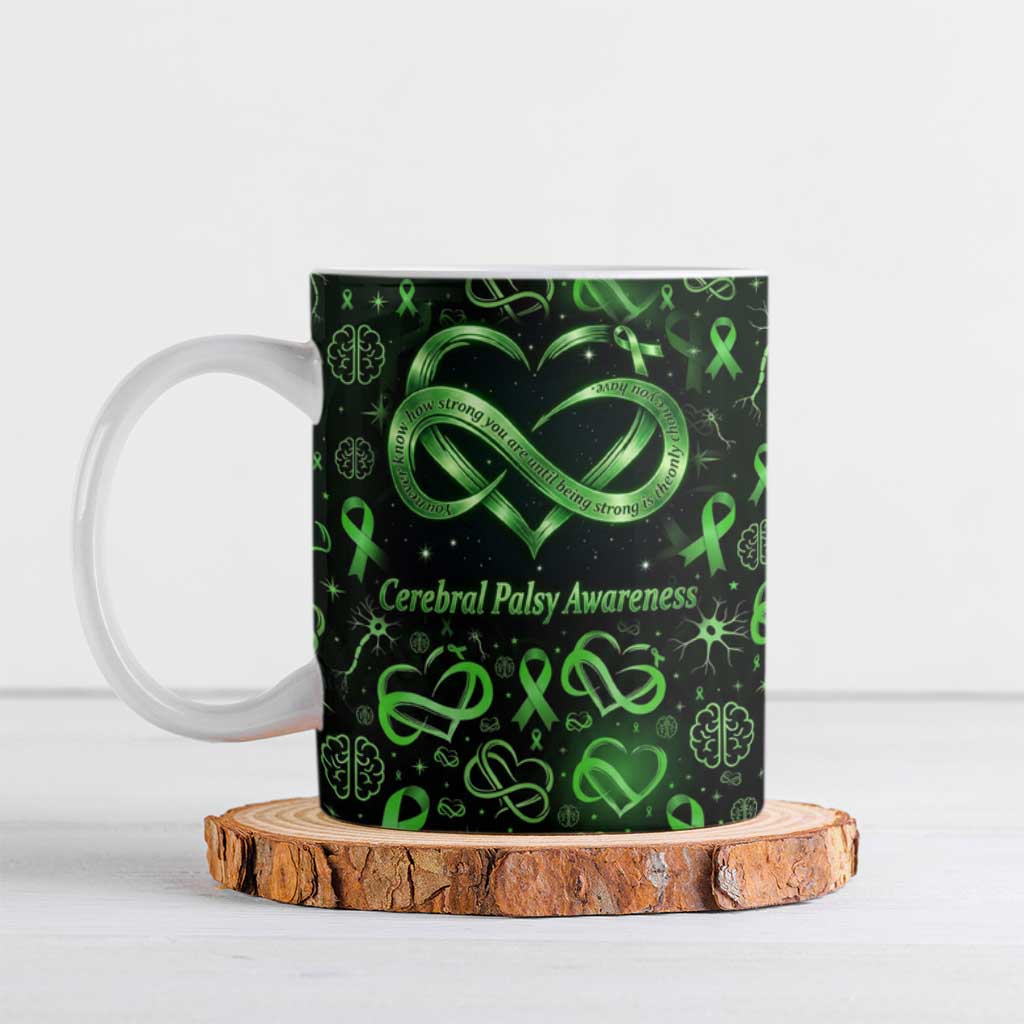 Cerebral Palsy Awareness Infinity Heart Ceramic Mug Neon Green Ribbon Pattern Illustration