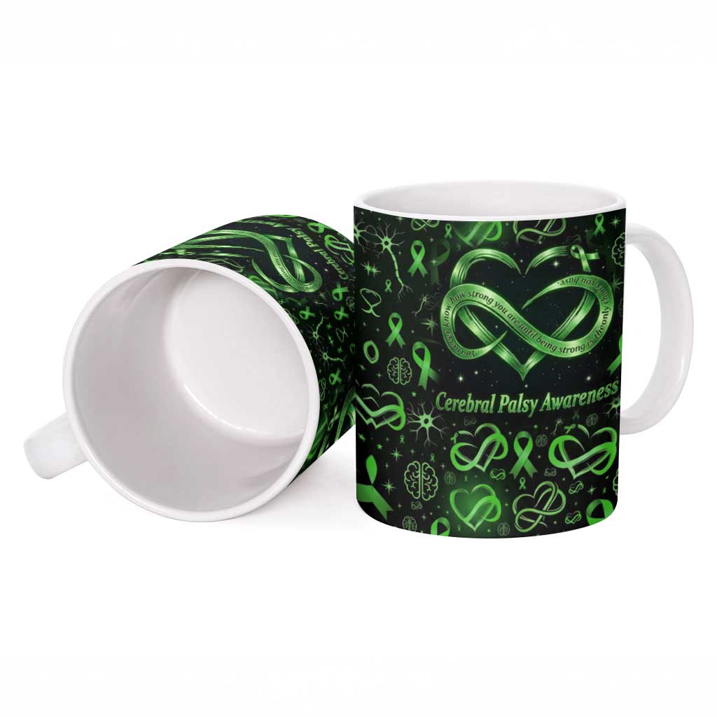Cerebral Palsy Awareness Infinity Heart Ceramic Mug Neon Green Ribbon Pattern Illustration