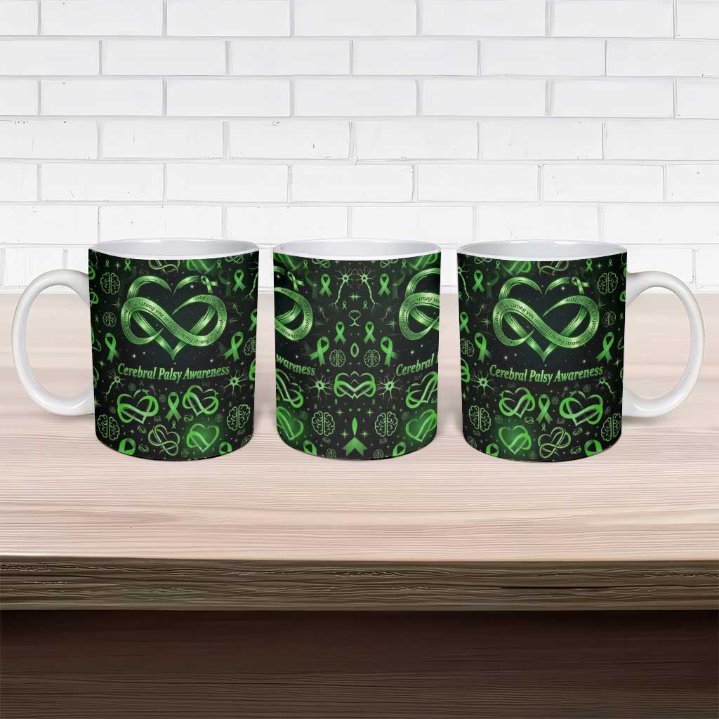 Cerebral Palsy Awareness Infinity Heart Ceramic Mug Neon Green Ribbon Pattern Illustration
