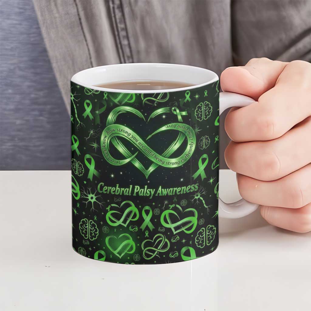 Cerebral Palsy Awareness Infinity Heart Ceramic Mug Neon Green Ribbon Pattern Illustration