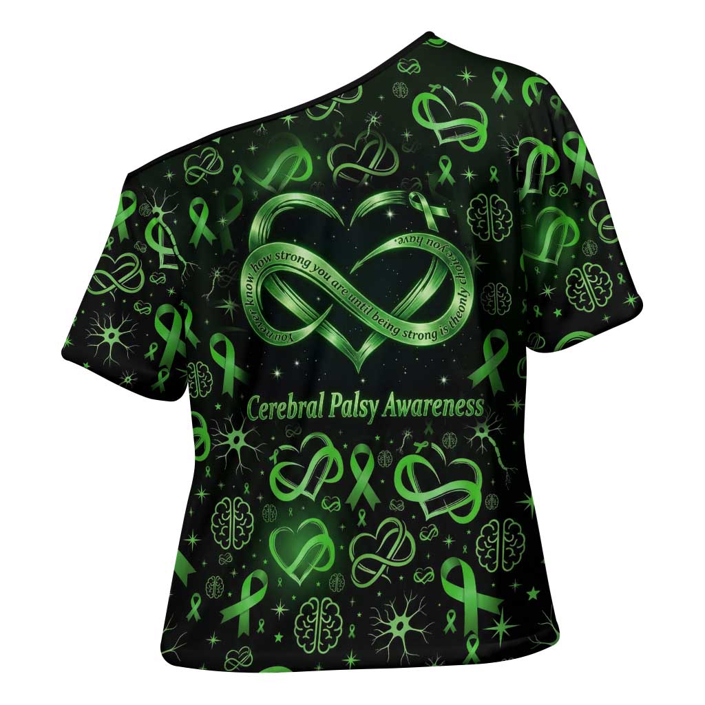 Cerebral Palsy Awareness Infinity Heart Cross Shoulder Shirt Neon Green Ribbon Pattern Illustration
