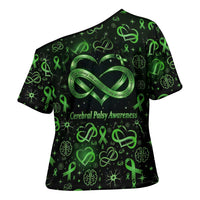 Cerebral Palsy Awareness Infinity Heart Cross Shoulder Shirt Neon Green Ribbon Pattern Illustration