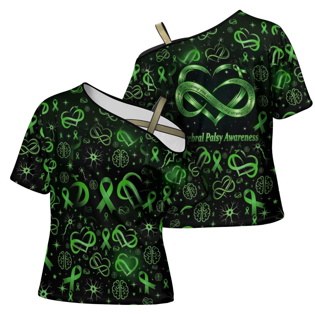 Cerebral Palsy Awareness Infinity Heart Cross Shoulder Shirt Neon Green Ribbon Pattern Illustration
