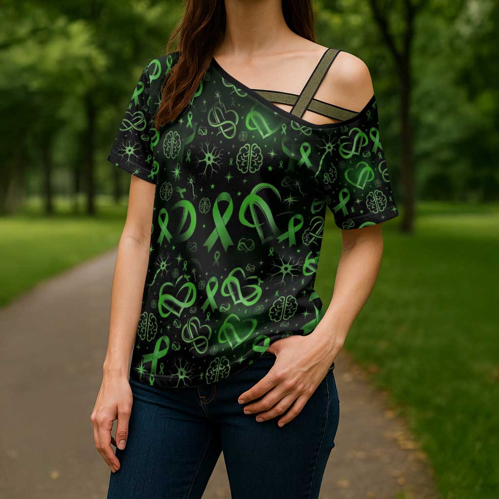 Cerebral Palsy Awareness Infinity Heart Cross Shoulder Shirt Neon Green Ribbon Pattern Illustration