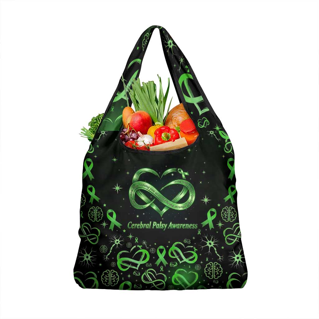 Cerebral Palsy Awareness Infinity Heart Grocery Bag Neon Green Ribbon Pattern Illustration