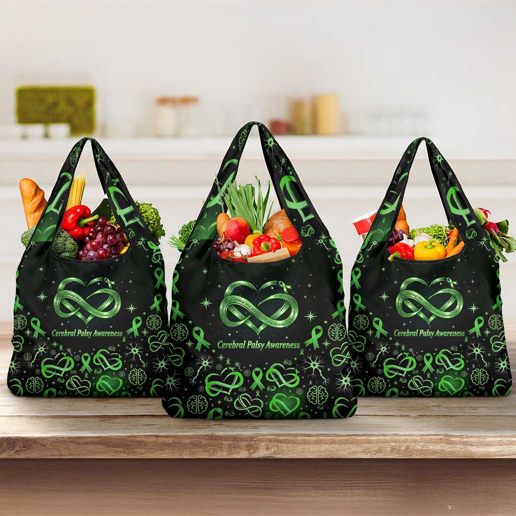 Cerebral Palsy Awareness Infinity Heart Grocery Bag Neon Green Ribbon Pattern Illustration