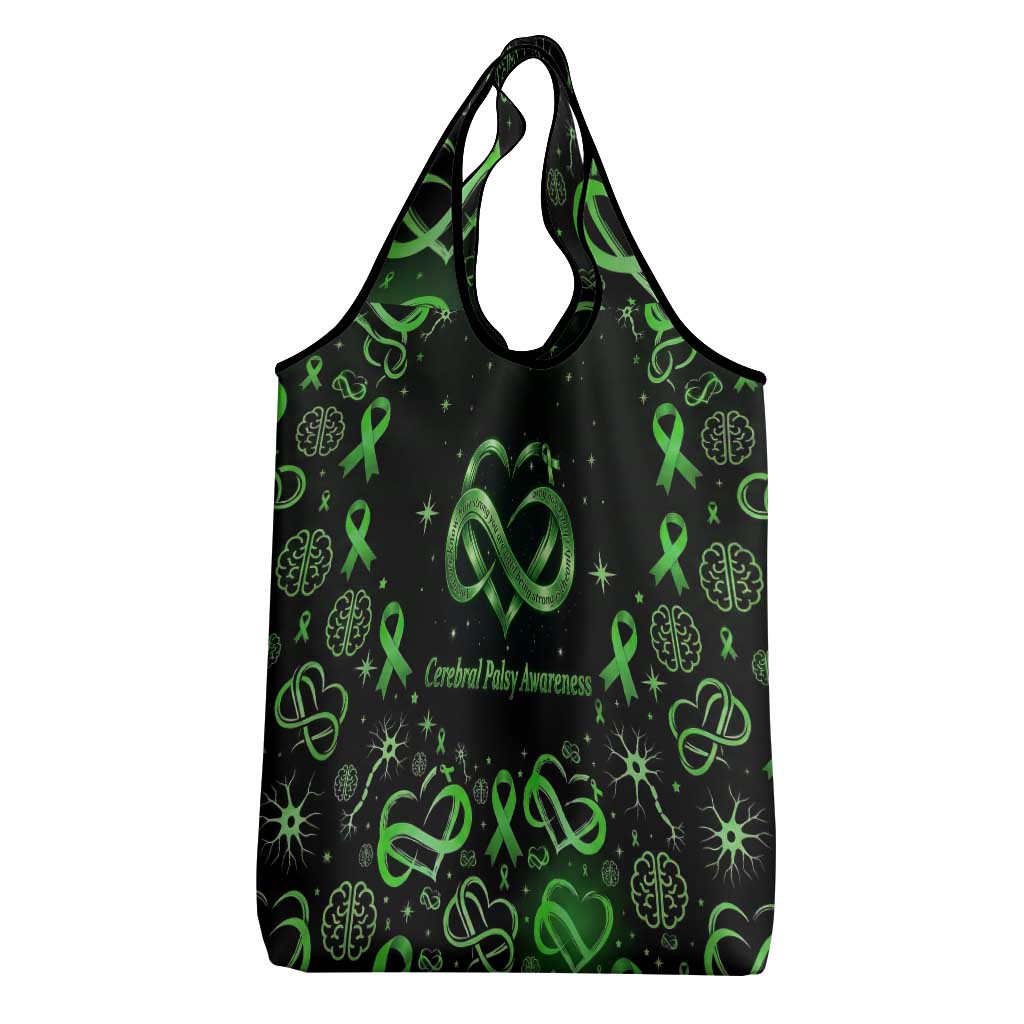 Cerebral Palsy Awareness Infinity Heart Grocery Bag Neon Green Ribbon Pattern Illustration