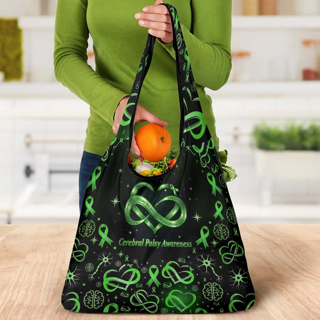 Cerebral Palsy Awareness Infinity Heart Grocery Bag Neon Green Ribbon Pattern Illustration