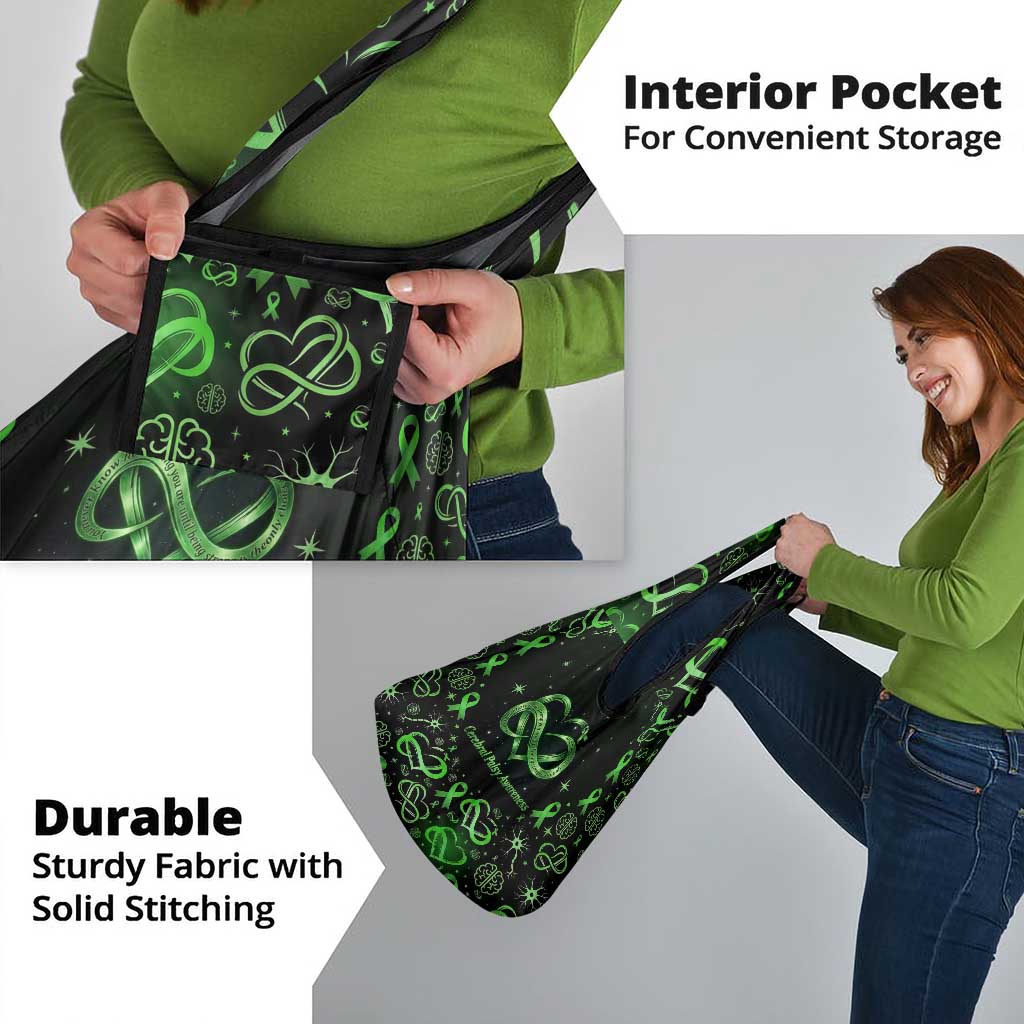 Cerebral Palsy Awareness Infinity Heart Grocery Bag Neon Green Ribbon Pattern Illustration