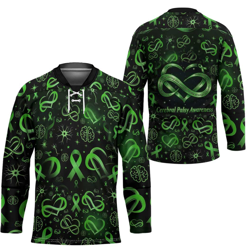 Cerebral Palsy Awareness Infinity Heart Hockey Jersey Neon Green Ribbon Pattern Illustration