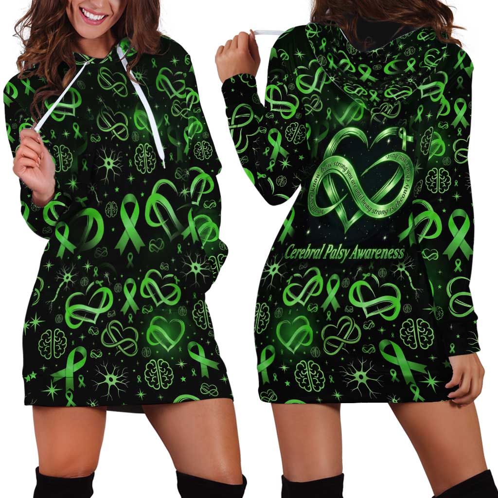Cerebral Palsy Awareness Infinity Heart Hoodie Dress Neon Green Ribbon Pattern Illustration