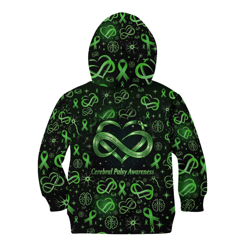Cerebral Palsy Awareness Infinity Heart Kid Hoodie Neon Green Ribbon Pattern Illustration