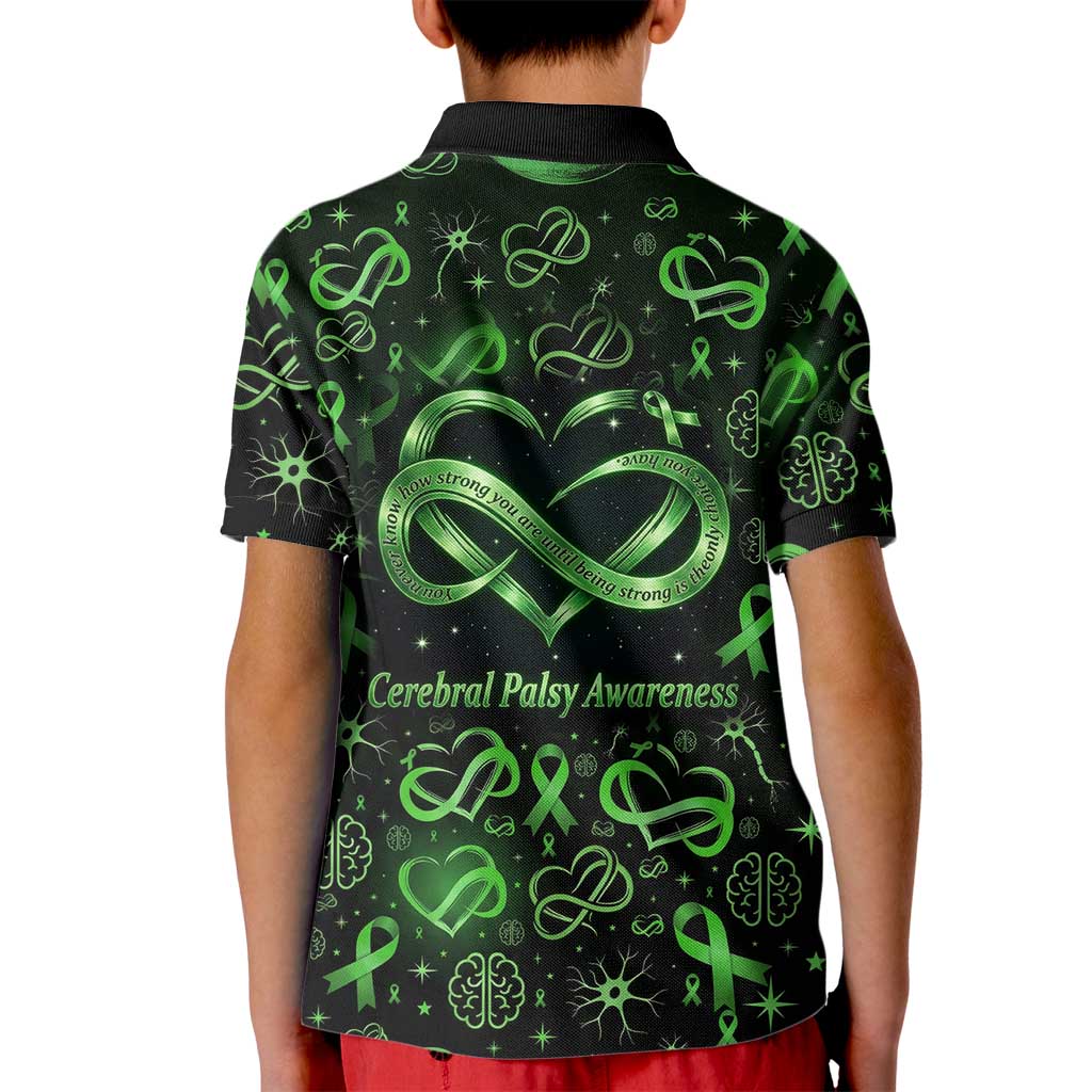 Cerebral Palsy Awareness Infinity Heart Kid Polo Shirt Neon Green Ribbon Pattern Illustration