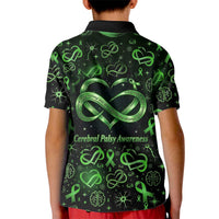 Cerebral Palsy Awareness Infinity Heart Kid Polo Shirt Neon Green Ribbon Pattern Illustration