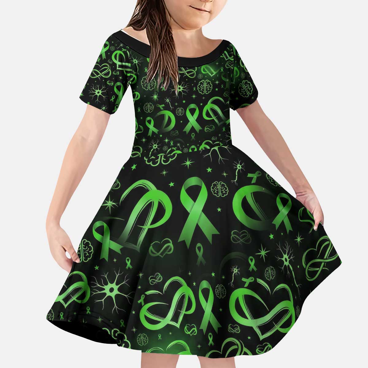 Cerebral Palsy Awareness Infinity Heart Kid Short Sleeve Dress Neon Green Ribbon Pattern Illustration