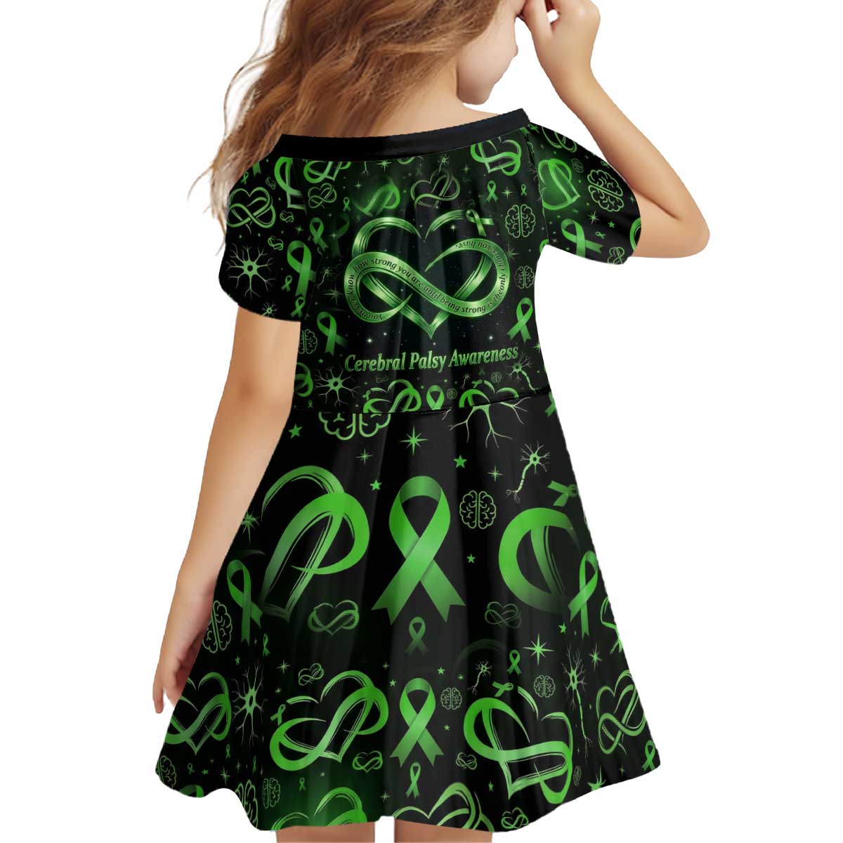 Cerebral Palsy Awareness Infinity Heart Kid Short Sleeve Dress Neon Green Ribbon Pattern Illustration