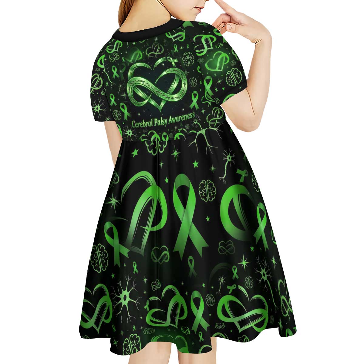 Cerebral Palsy Awareness Infinity Heart Kid Short Sleeve Dress Neon Green Ribbon Pattern Illustration