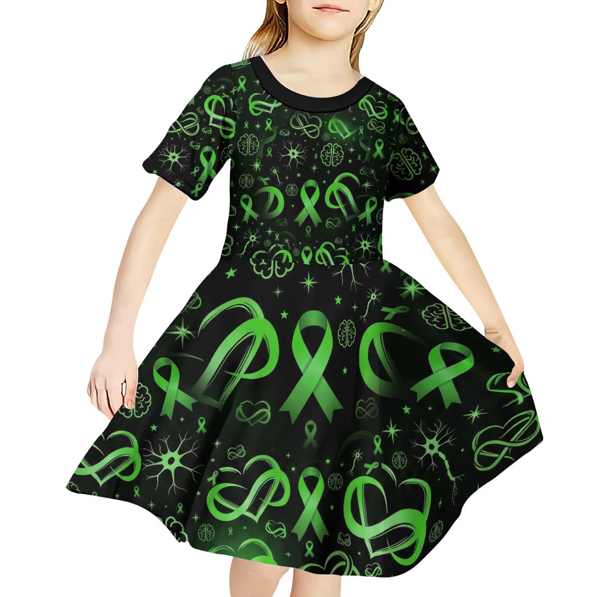 Cerebral Palsy Awareness Infinity Heart Kid Short Sleeve Dress Neon Green Ribbon Pattern Illustration