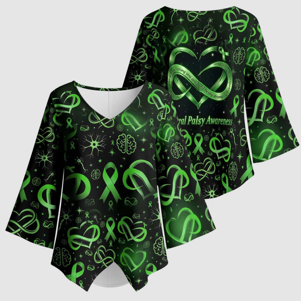 Cerebral Palsy Awareness Infinity Heart Kimono Sleeve Blouse Neon Green Ribbon Pattern Illustration