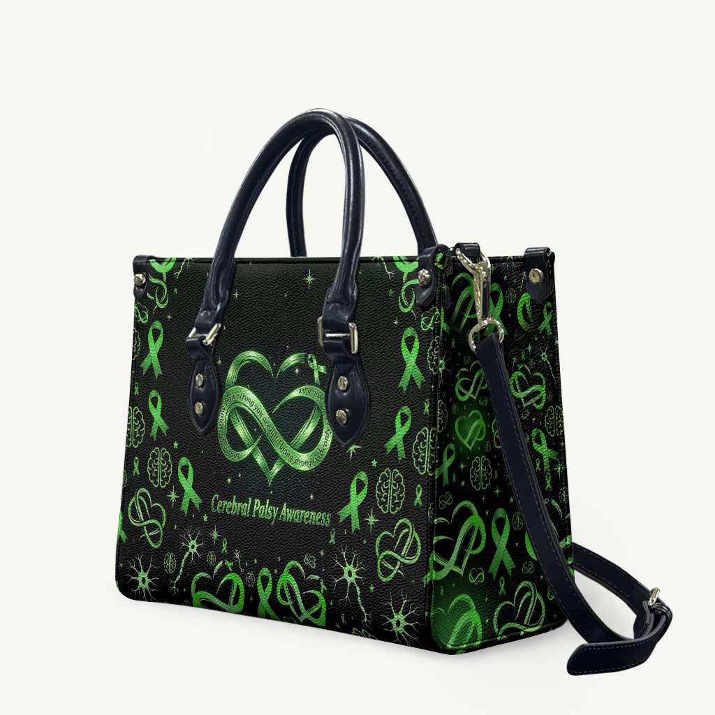 Cerebral Palsy Awareness Infinity Heart Leather Bag Neon Green Ribbon Pattern Illustration