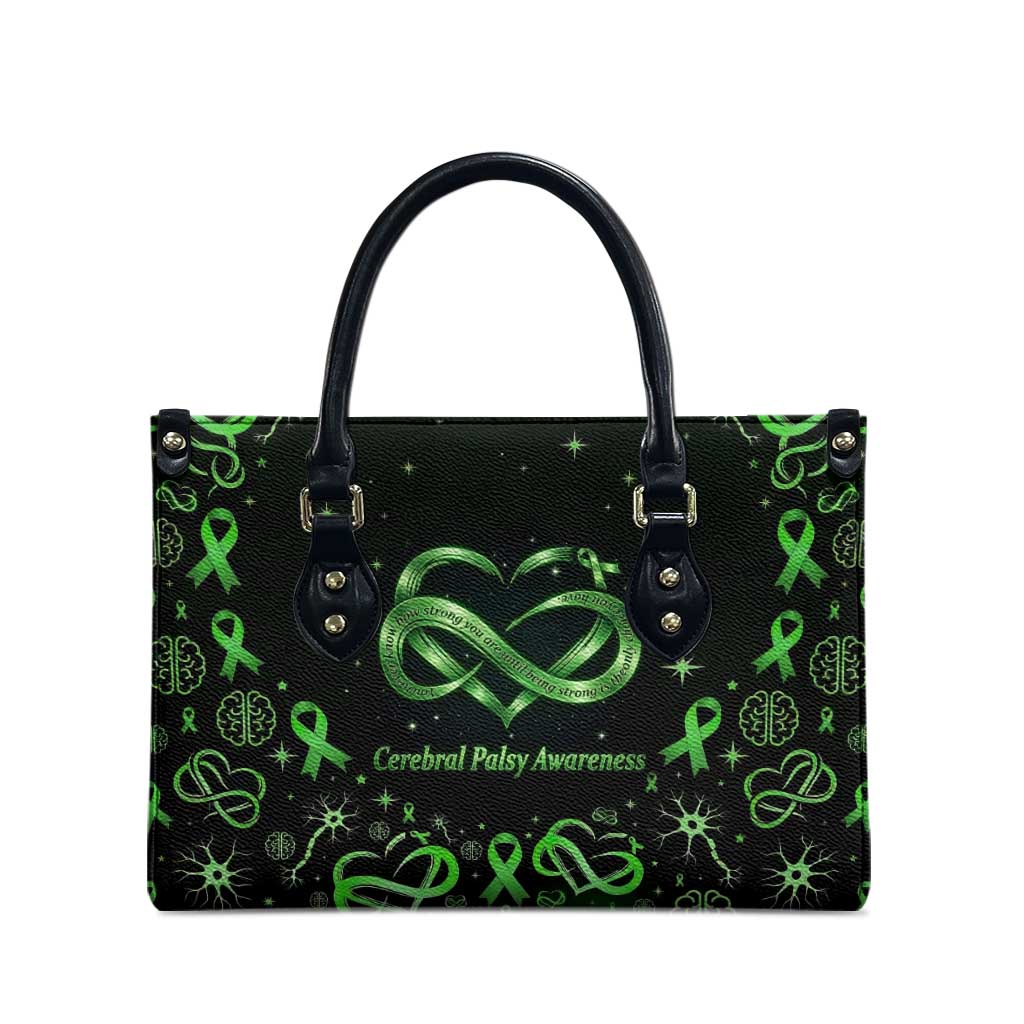 Cerebral Palsy Awareness Infinity Heart Leather Bag Neon Green Ribbon Pattern Illustration