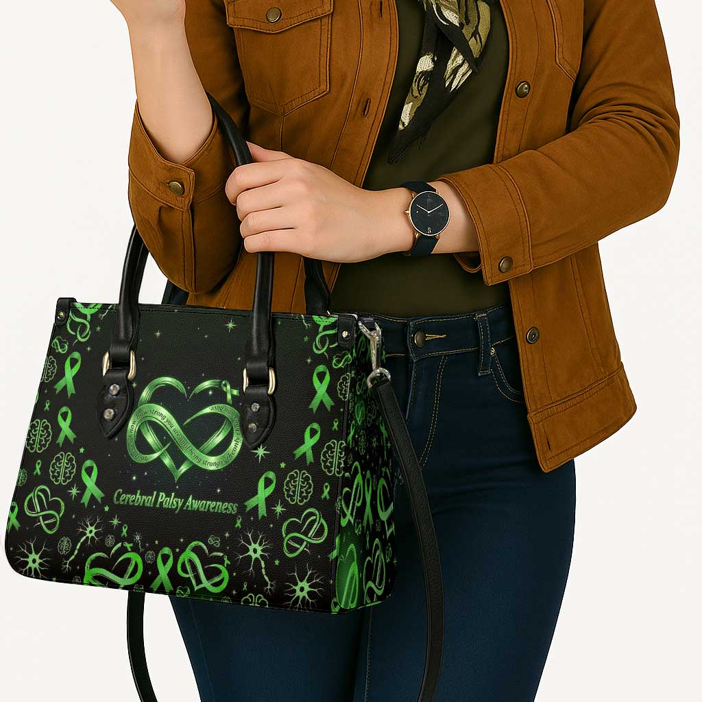 Cerebral Palsy Awareness Infinity Heart Leather Bag Neon Green Ribbon Pattern Illustration