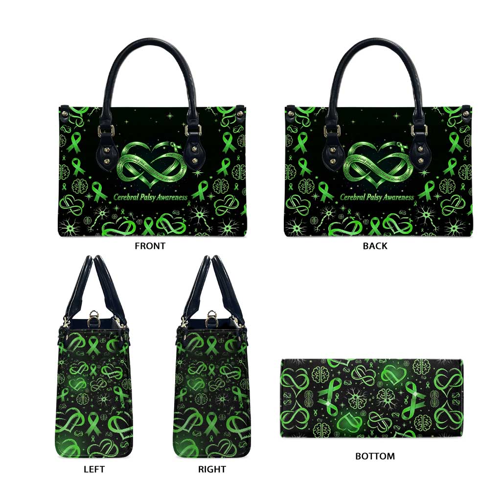 Cerebral Palsy Awareness Infinity Heart Leather Bag Neon Green Ribbon Pattern Illustration