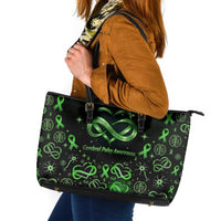 Cerebral Palsy Awareness Infinity Heart Leather Tote Bag Neon Green Ribbon Pattern Illustration