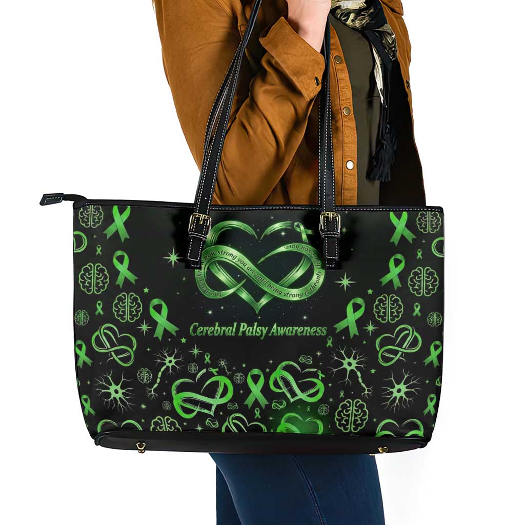 Cerebral Palsy Awareness Infinity Heart Leather Tote Bag Neon Green Ribbon Pattern Illustration
