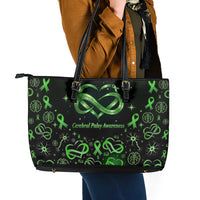 Cerebral Palsy Awareness Infinity Heart Leather Tote Bag Neon Green Ribbon Pattern Illustration
