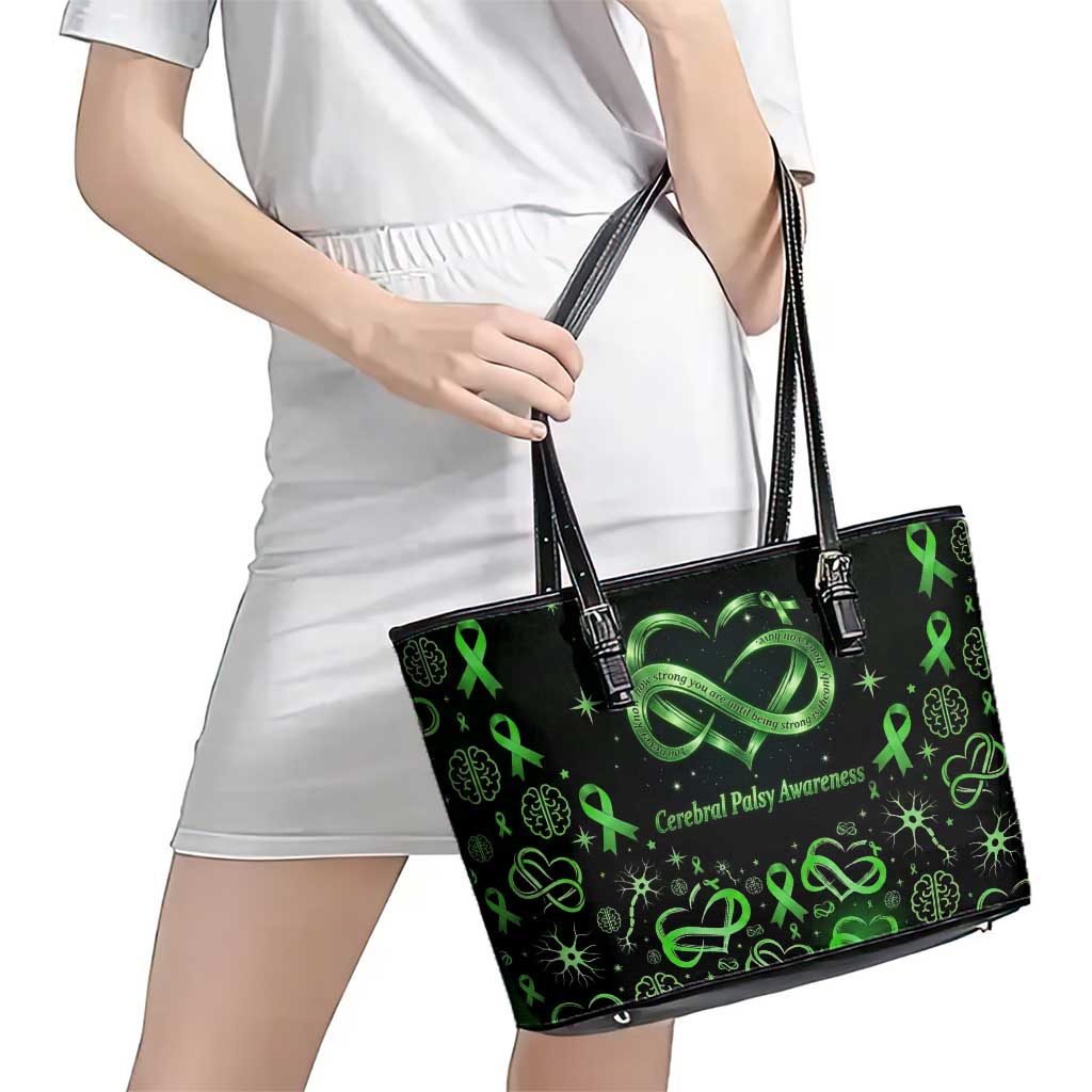 Cerebral Palsy Awareness Infinity Heart Leather Tote Bag Neon Green Ribbon Pattern Illustration
