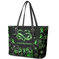 Cerebral Palsy Awareness Infinity Heart Leather Tote Bag Neon Green Ribbon Pattern Illustration